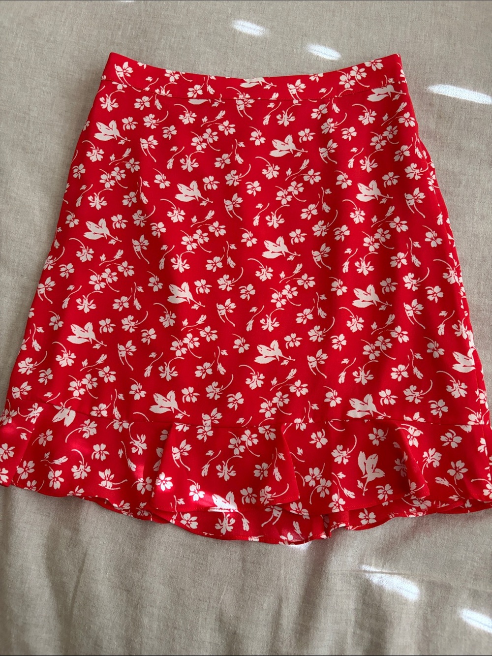 Red Floral A-Line Skirt with Ruffle Hem